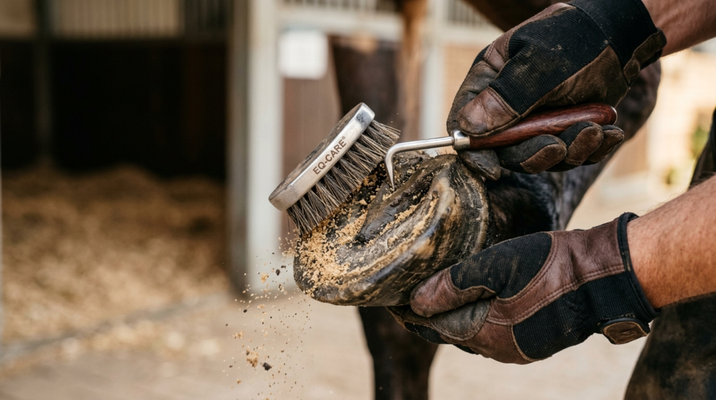 Close-up detail shot of a horses hoof being professionally 