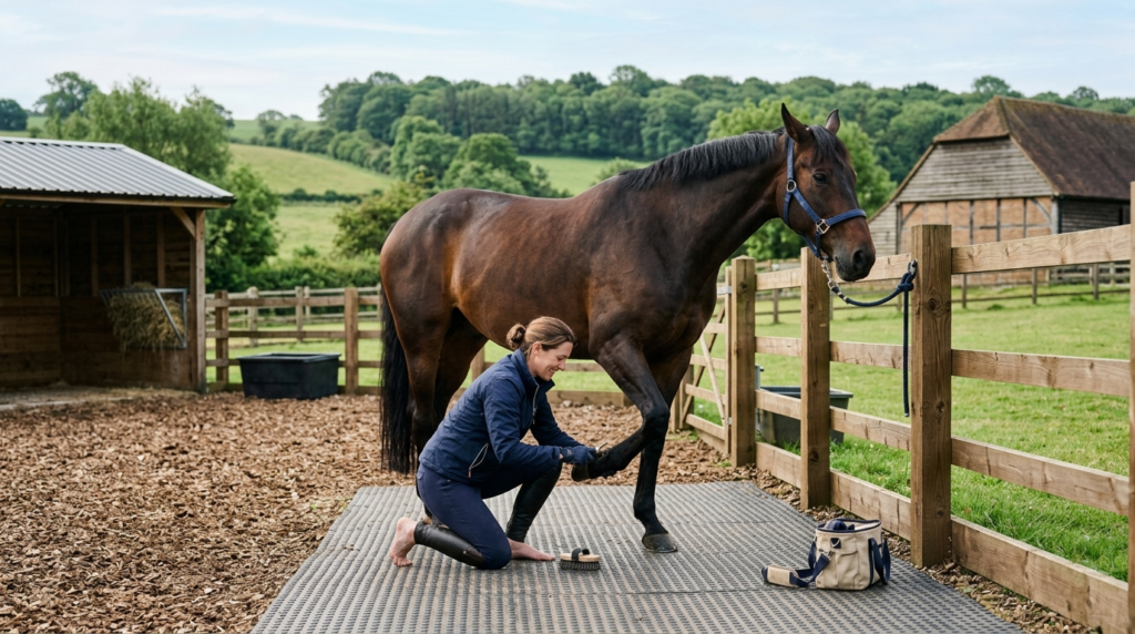 Peaceful scene of a horse owner working preventatively in a 