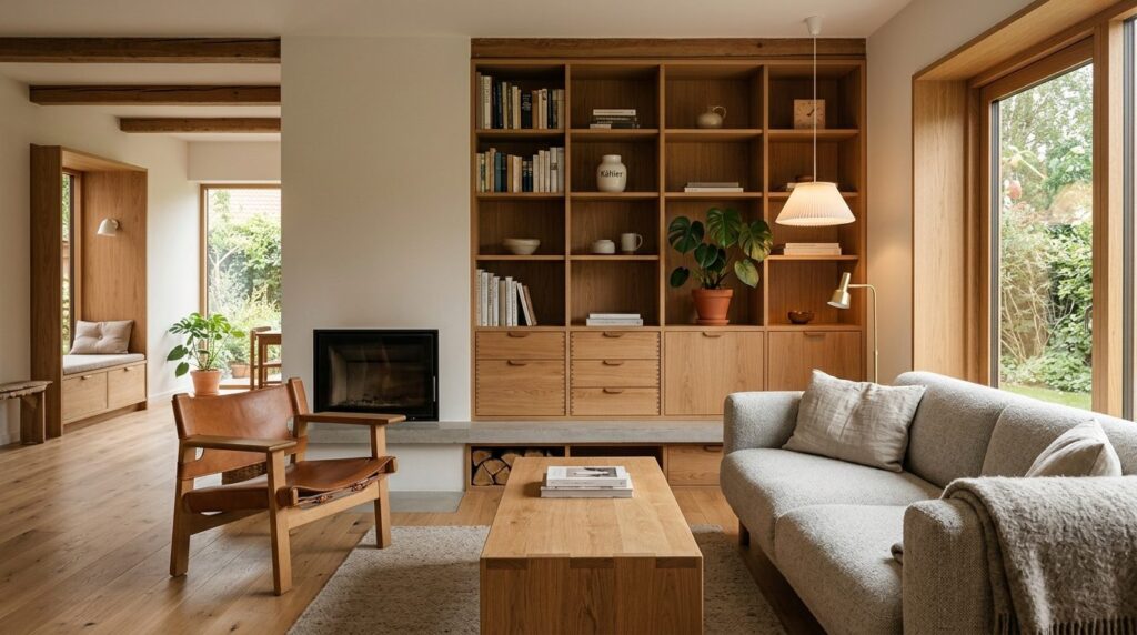 A beautifully renovated Danish home interior featuring custo