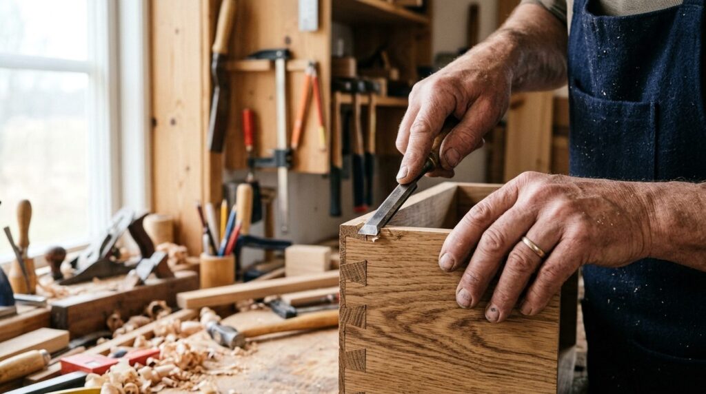 Close-up detail shot of a master carpenters hands working o