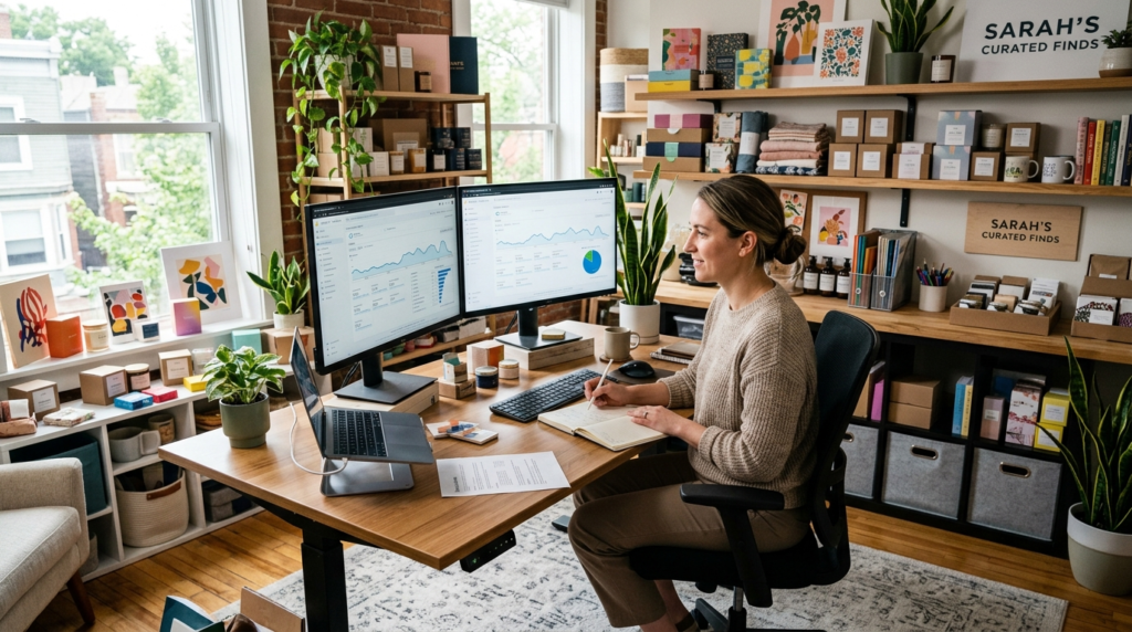 Wide angle photograph of a small business owner reviewing we