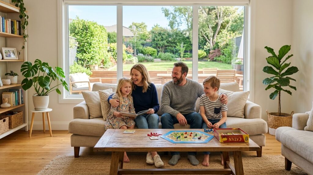 Photorealistic stock photo of a happy family enjoying qualit