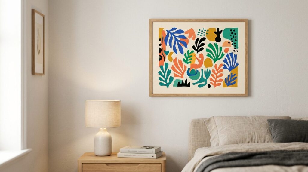 Close-up detail shot of a framed Matisse-inspired colorful a