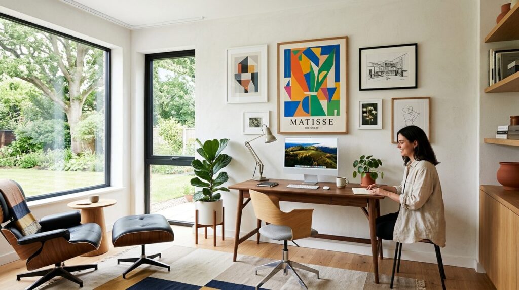 Wide-angle interior shot of a modern home office workspace w