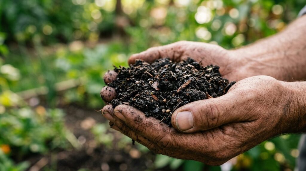 Close-up macro photography of premium dark composted soil in