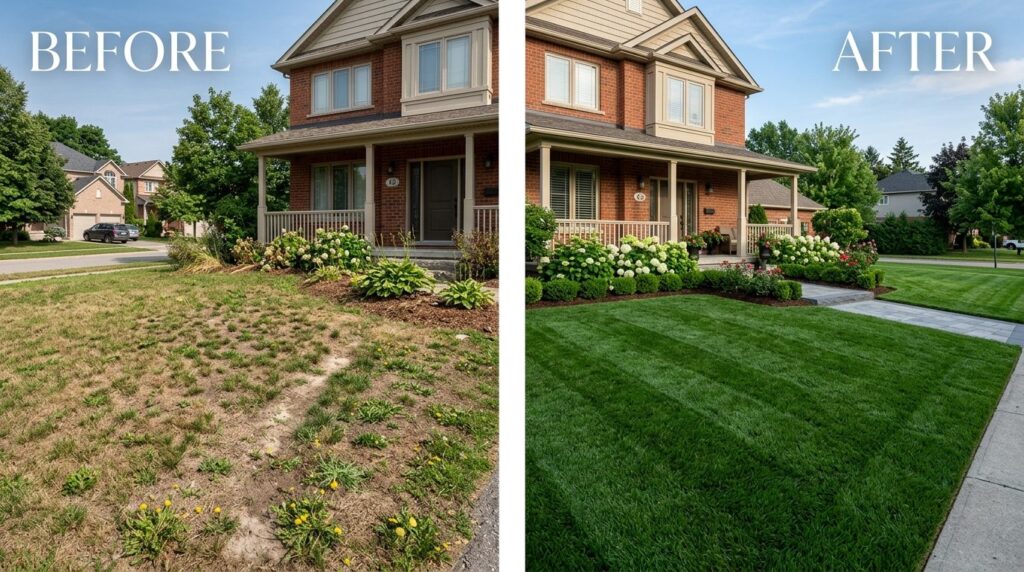 Before-and-after split composition showing sparse patchy law