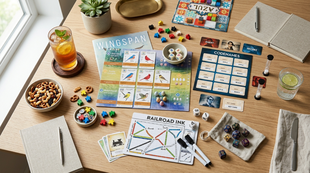 Overhead flat lay of carefully curated analog party games sp