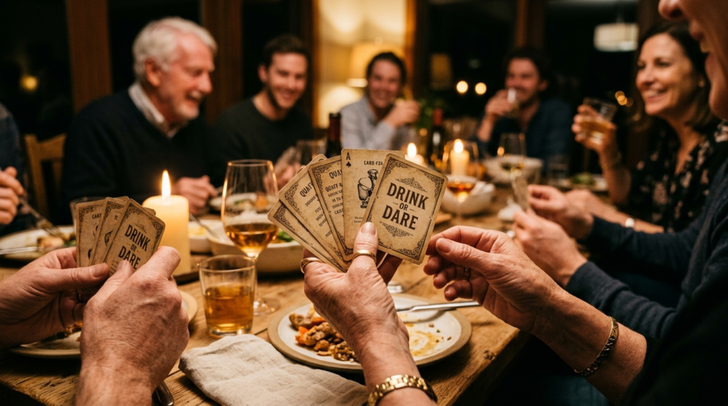 Close-up of hands holding vintage-style drinking game cards 