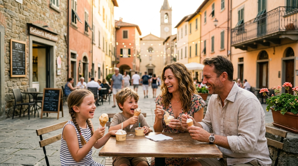 A family of four eating gelato and laughing together at a ch