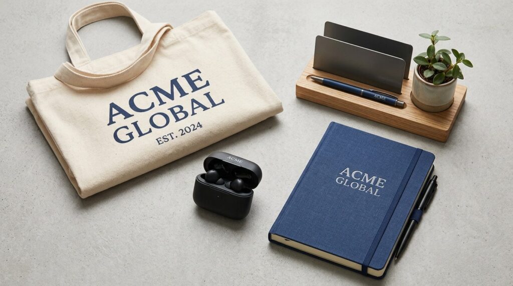 Overhead flat lay composition of practical corporate branded