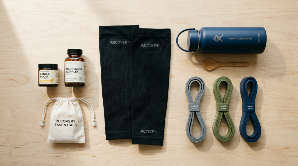 Close-up flat lay of thoughtfully curated recovery gift item
