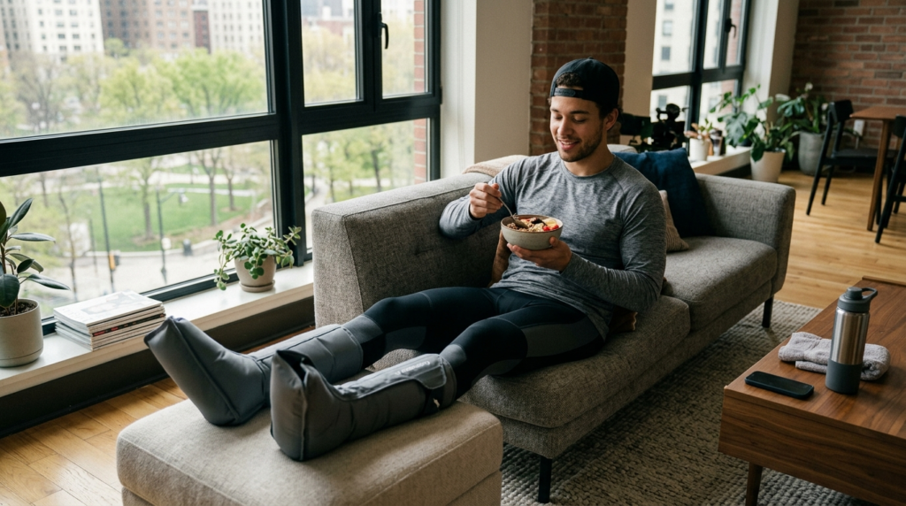 Active male athlete in his 20s relaxing after workout wearin
