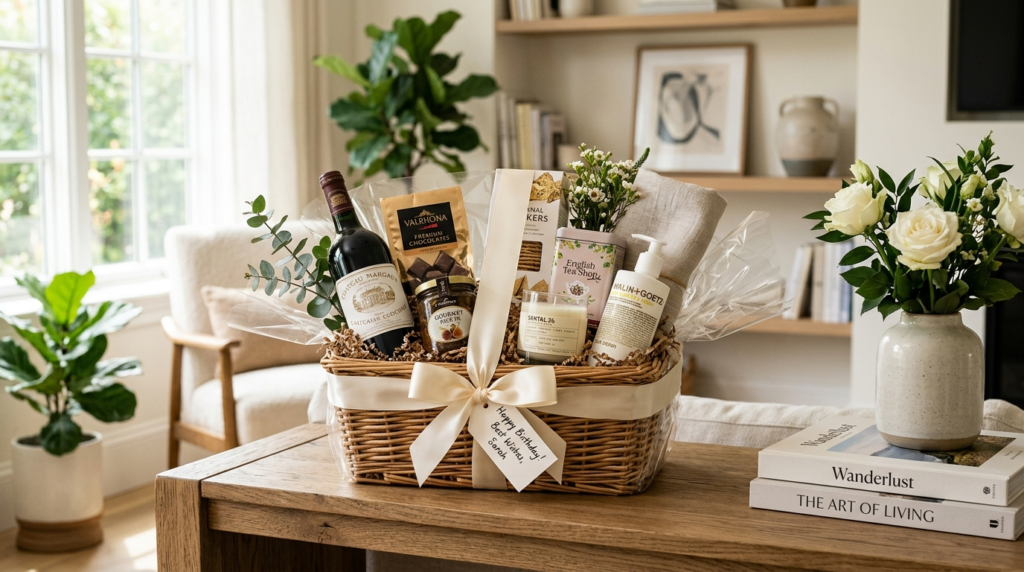 Serene lifestyle scene showing a finished luxury gift basket
