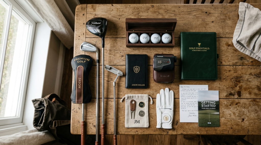 Flat lay product photography, 16:9 aspect ratio: Premium gol