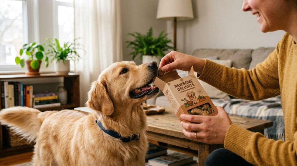 Close-up lifestyle shot of a dog owners hands presenting a 
