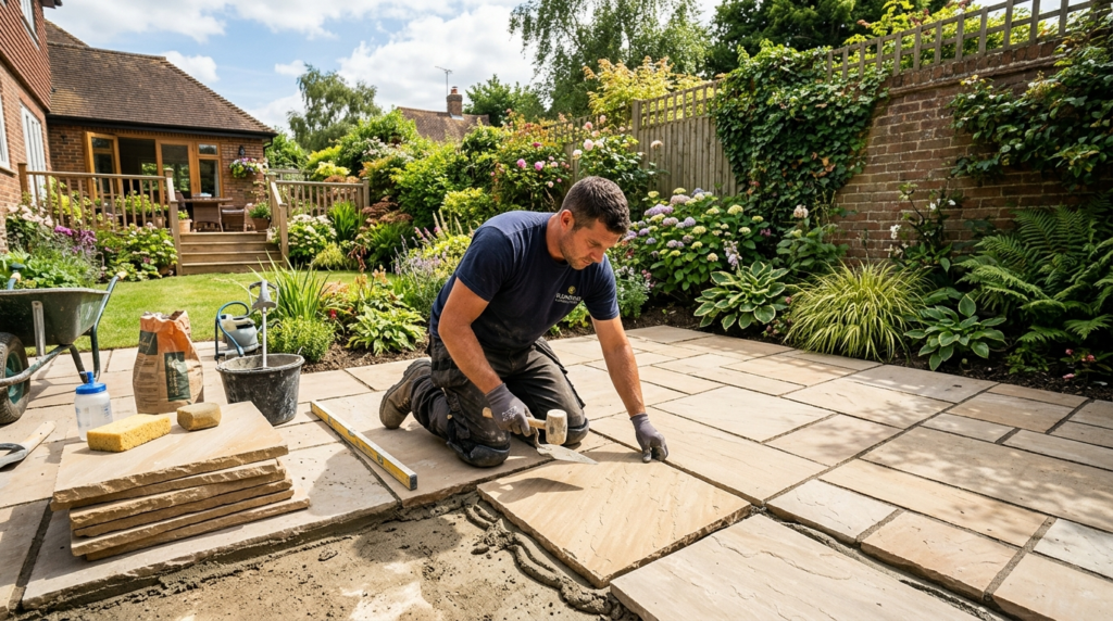 Wide angle view of a skilled tradesperson in work attire lay