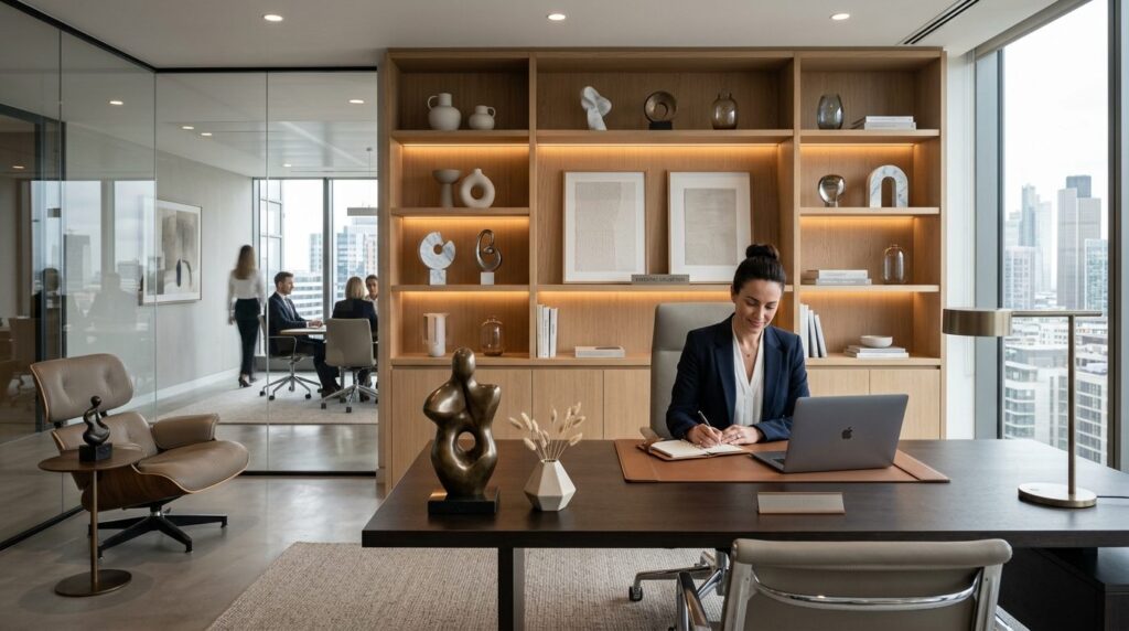 Modern executive office space featuring carefully curated ex