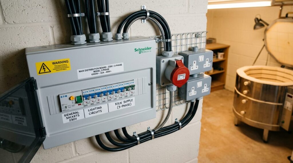 Close-up overhead view of an electrical panel and power outl