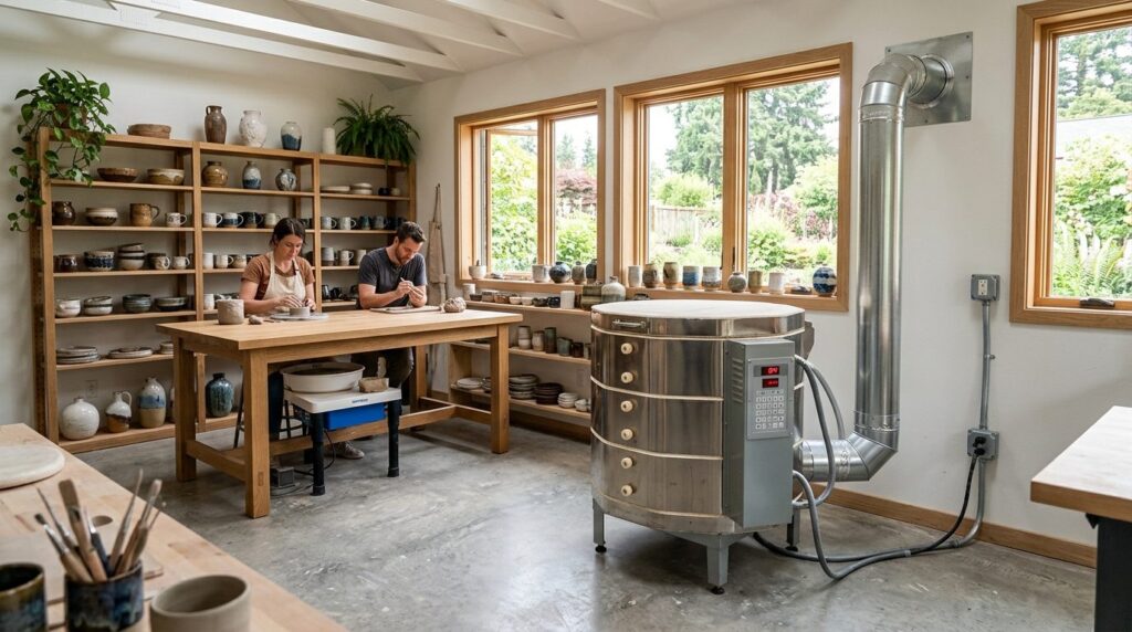 Spacious home ceramic studio interior featuring a modern kil