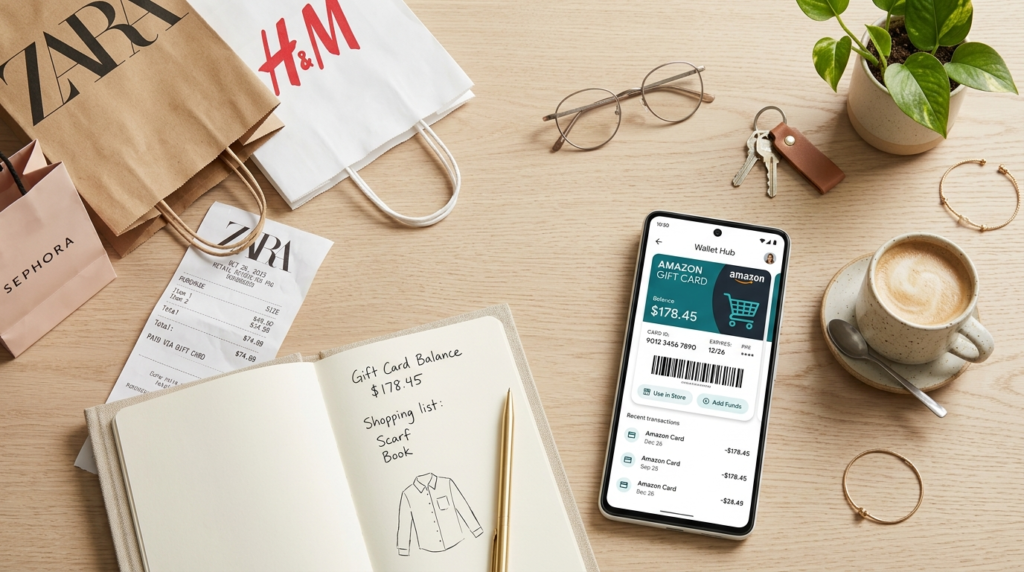 Flat lay composition of a digital wallet app on a smartphone