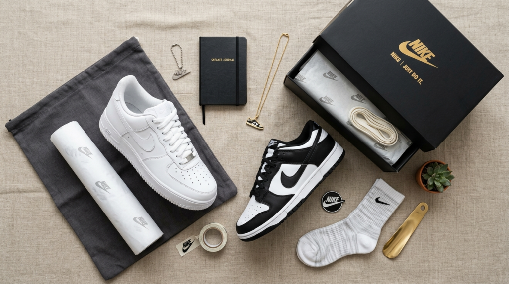Close-up flat lay photography of Nike Air Force 1 and Dunk L