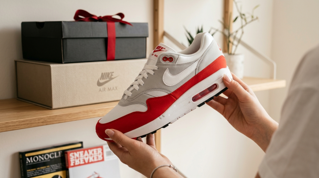Modern lifestyle shot of Nike Air Max 1 sneaker being held b