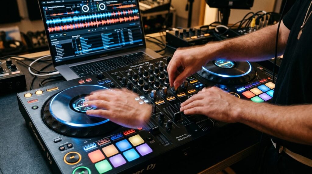 Close-up overhead shot of hands mixing on a Pioneer DJ contr