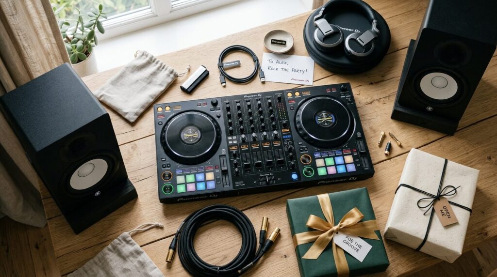 Flat lay luxury gift scene featuring Pioneer DJ controller a