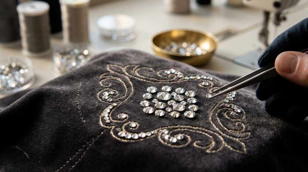 Close-up detail shot of premium rhinestones being applied to