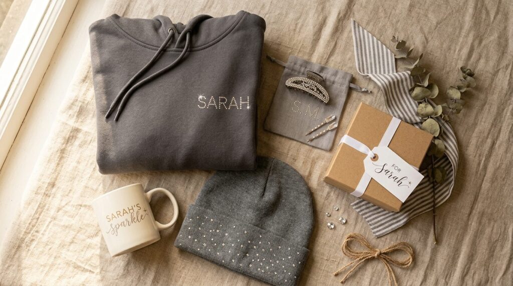 Flatlay gift presentation scene of personalized rhinestone-d