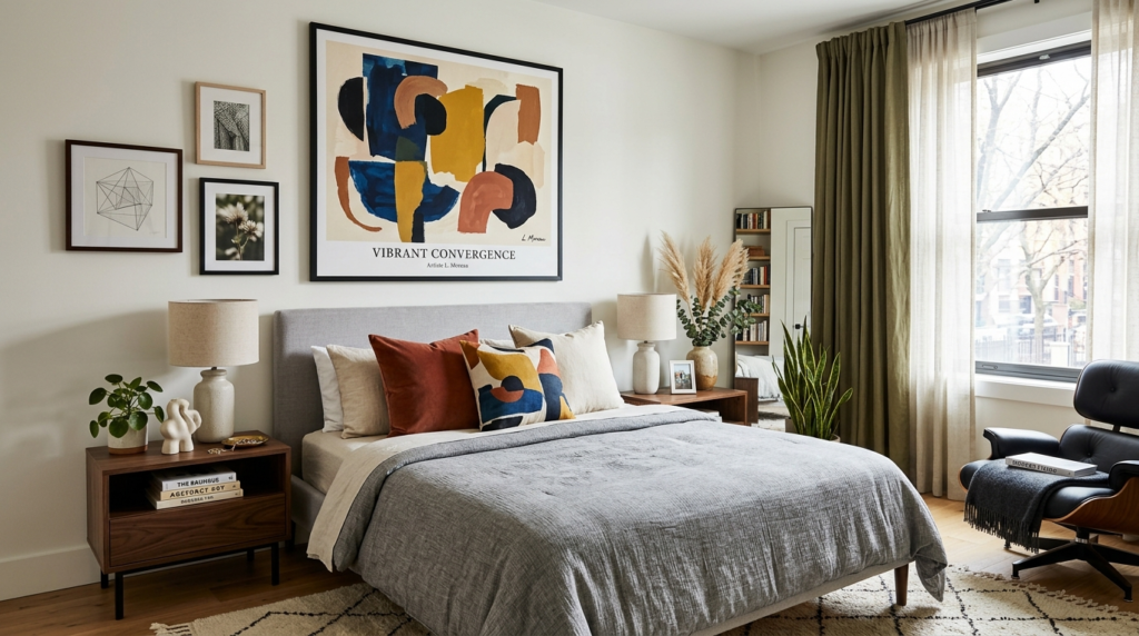 Modern bedroom interior with a striking abstract art poster 