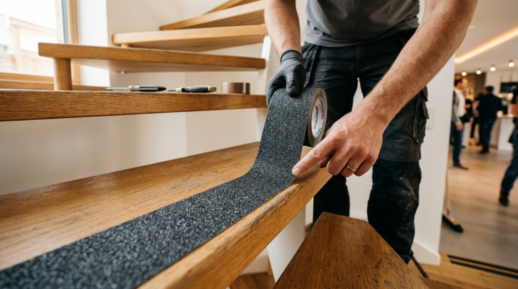 Close-up detail shot of high-quality anti-slip tape being ap