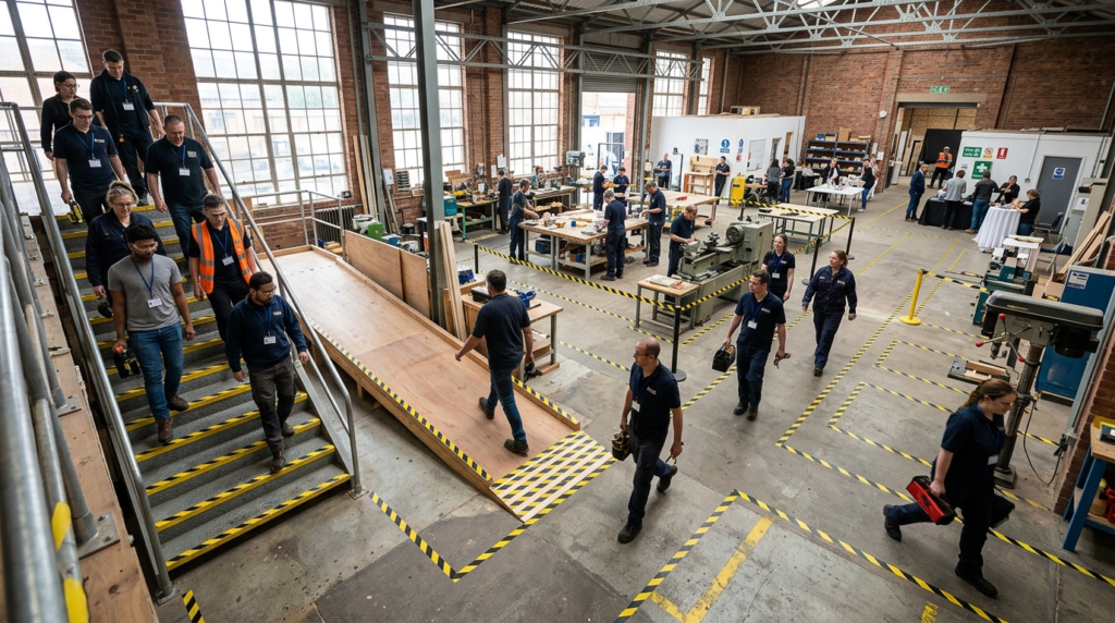 Wide angle shot of a busy semi-professional workshop or shar