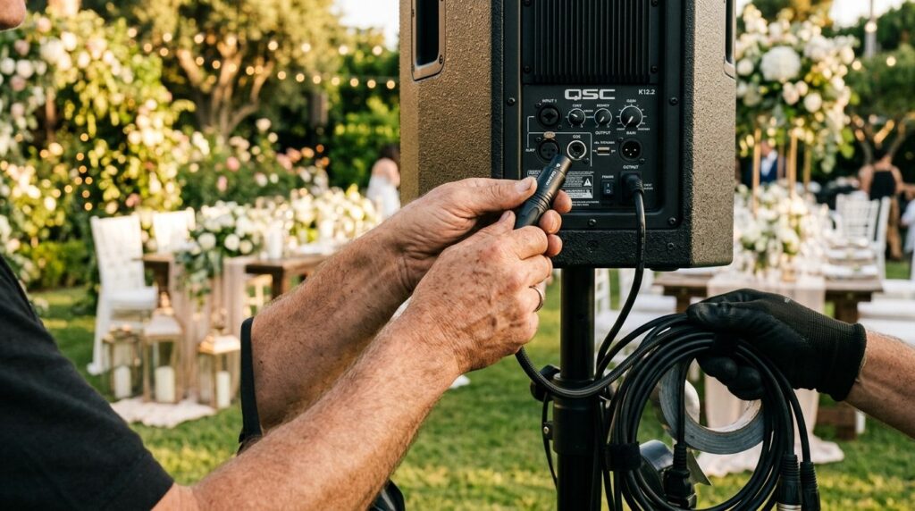 Close-up of hands connecting professional audio cables and s