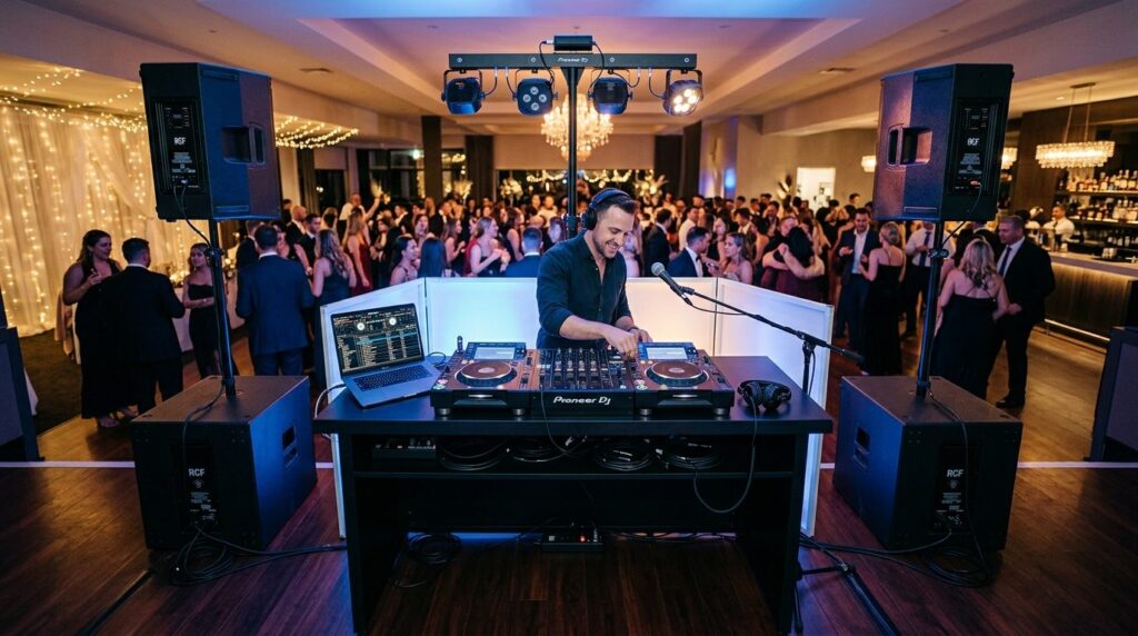 Wide shot of a DJ booth with professional audio mixer, micro