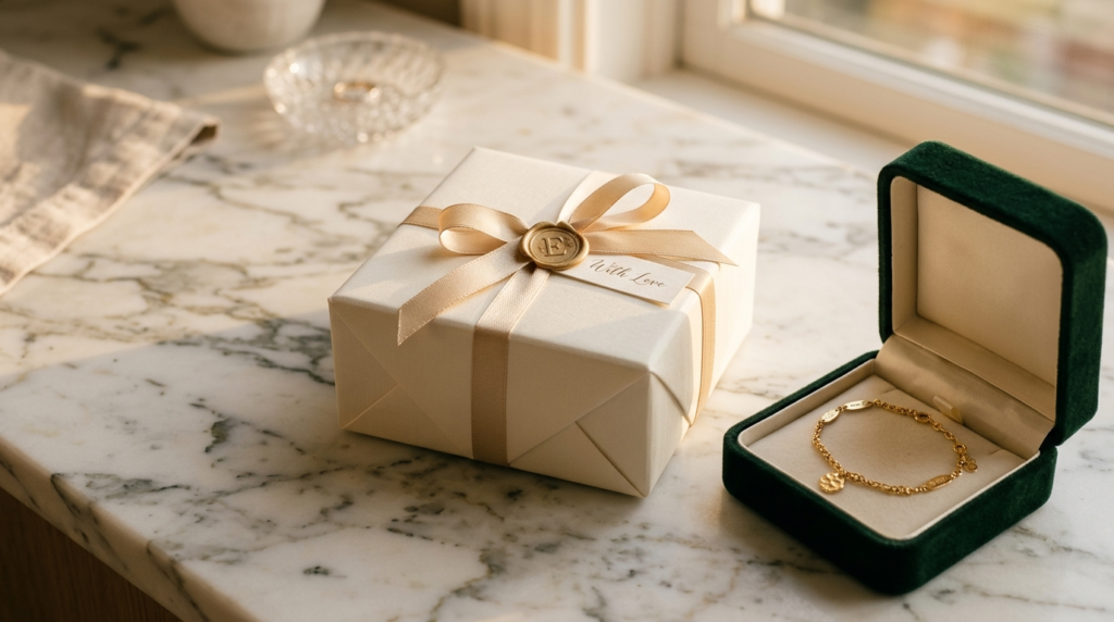 Luxury gift presentation scene: An elegantly wrapped exclusi