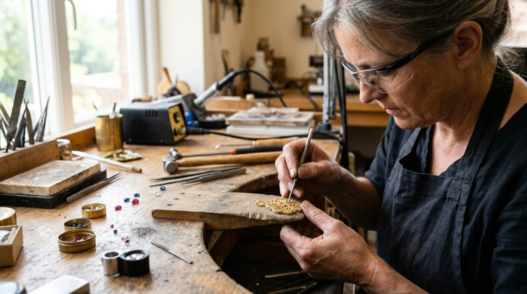 Artisanal jewelry craftsmanship detail: Master goldsmith usi