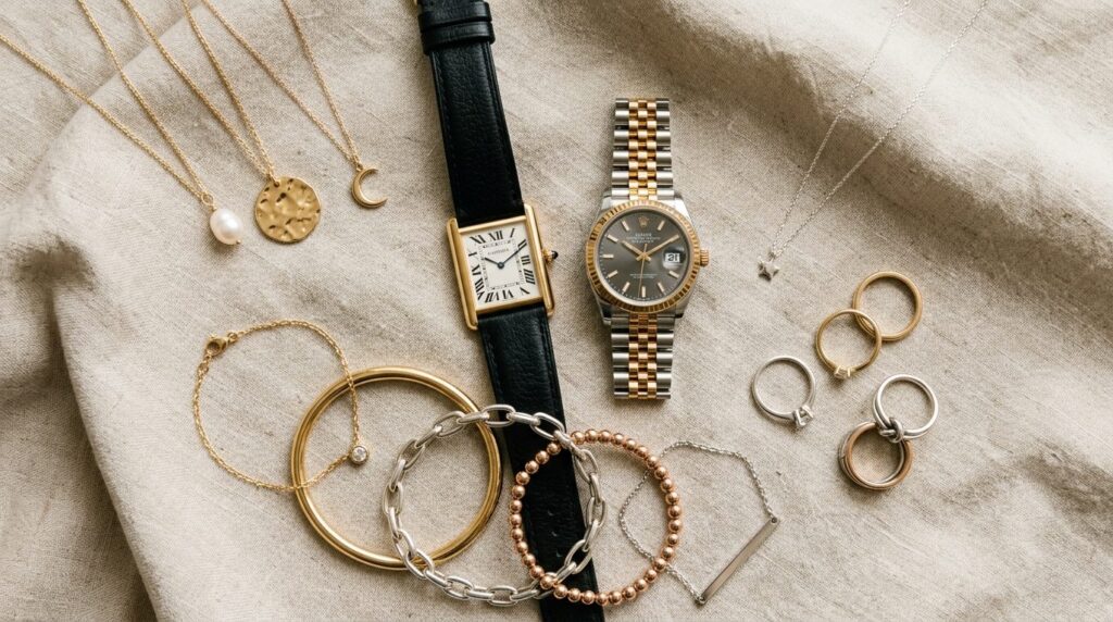 Close-up flatlay of curated womens jewelry and watches arra