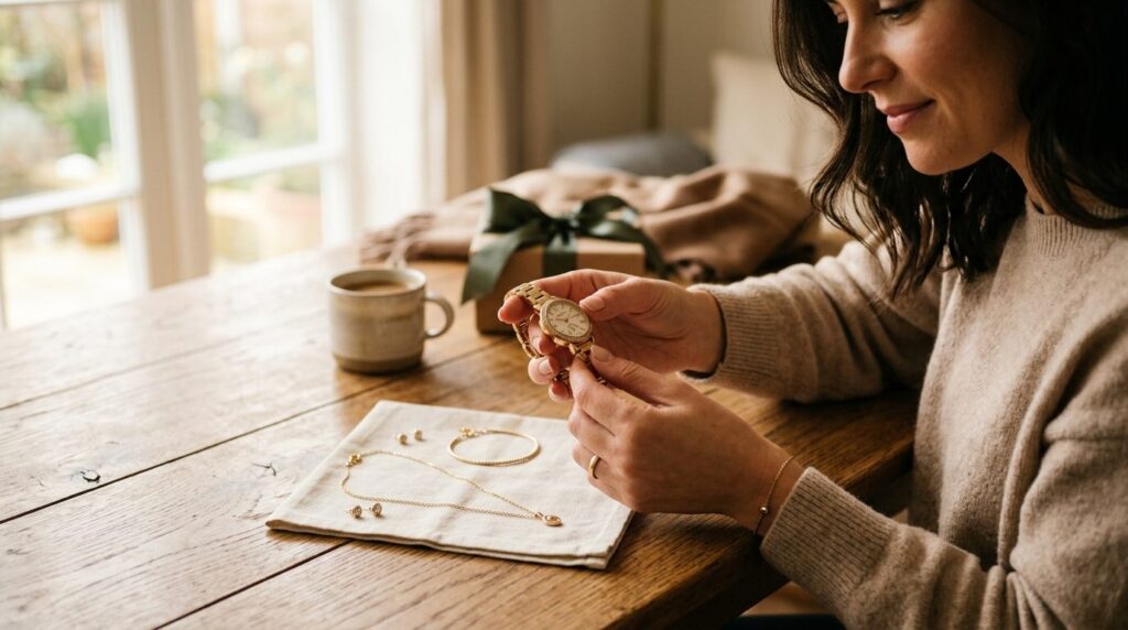 Womans hands holding and examining a designer watch and mat
