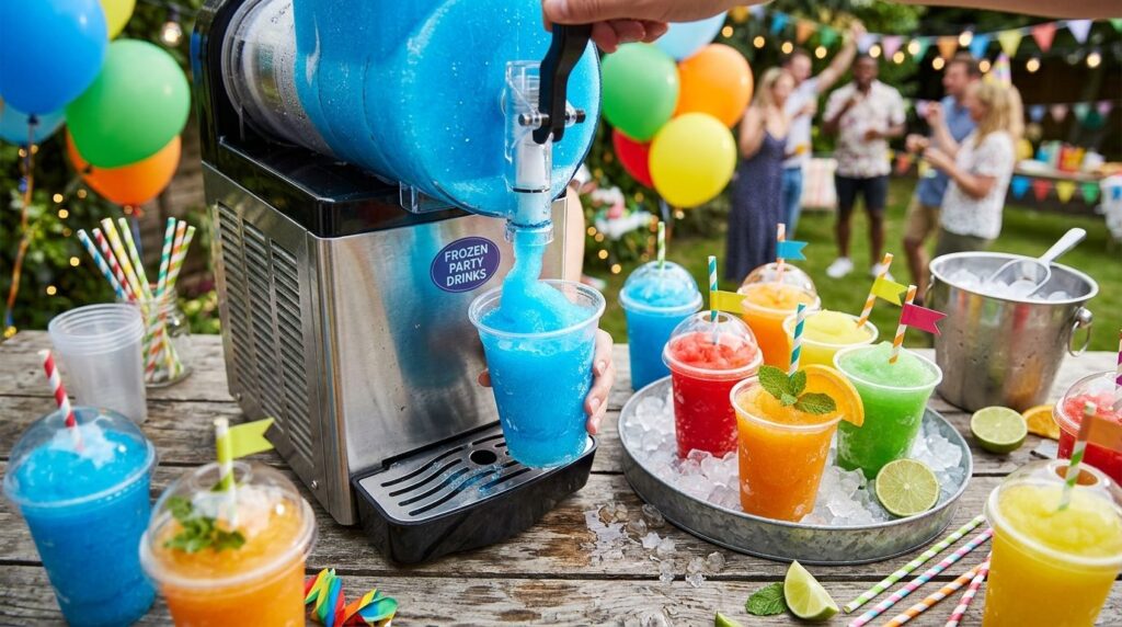 Close-up overhead view of a rental slush ice machine dispens