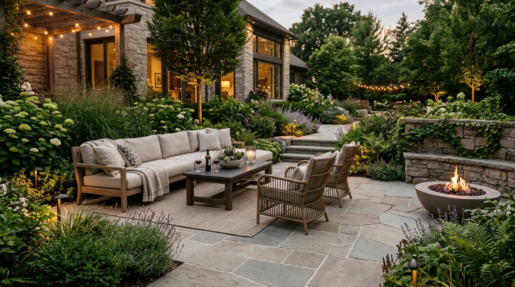 Luxurious outdoor living space featuring a completed stone-p