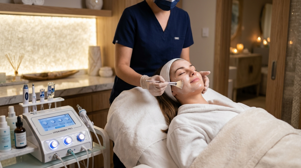 Young woman receiving a professional hydrating facial treatm