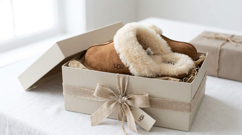 Close-up product photography of UGG slippers featuring sheep
