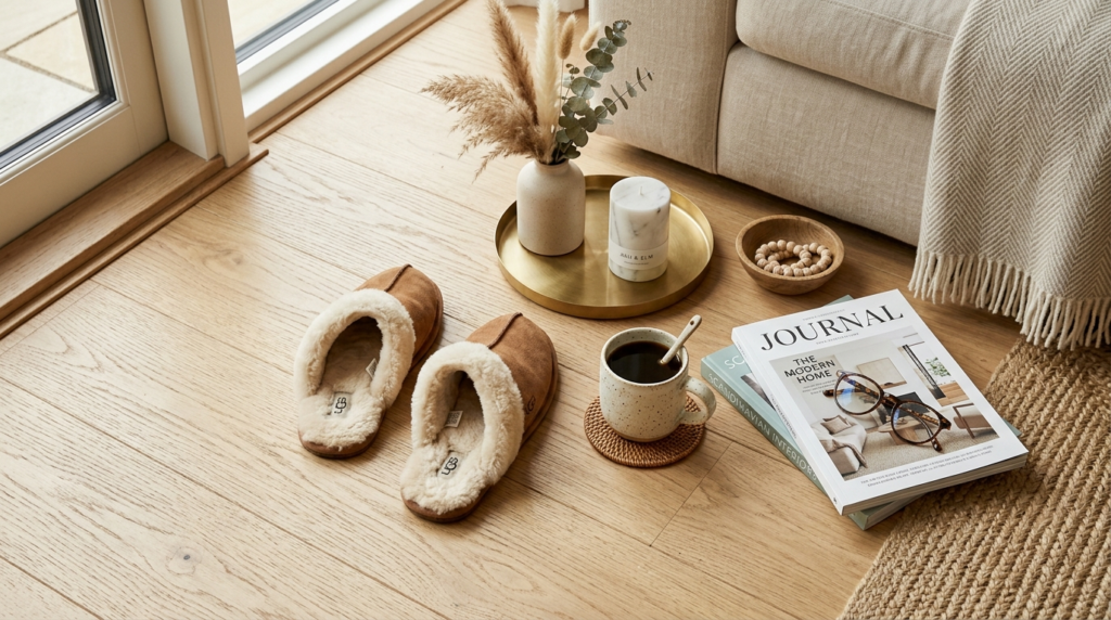 Lifestyle flat lay composition of UGG slippers on a modern i