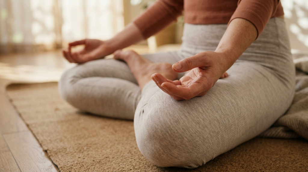 Close-up detail of hands resting peacefully on thighs during